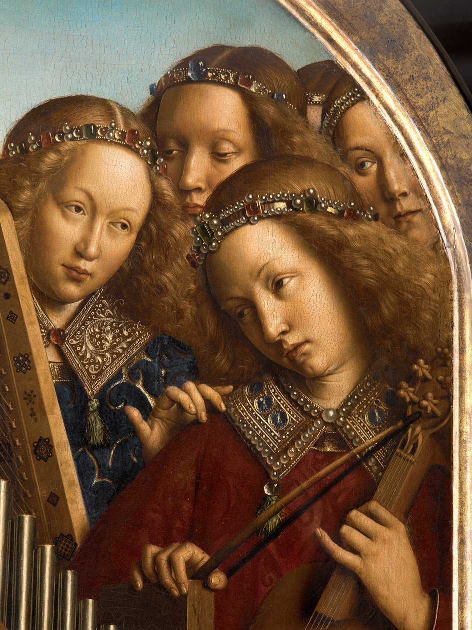Músicos anjos, detalhe da peça de Altar de Gand de Hubert & Jan van (1390-1441) Eyck