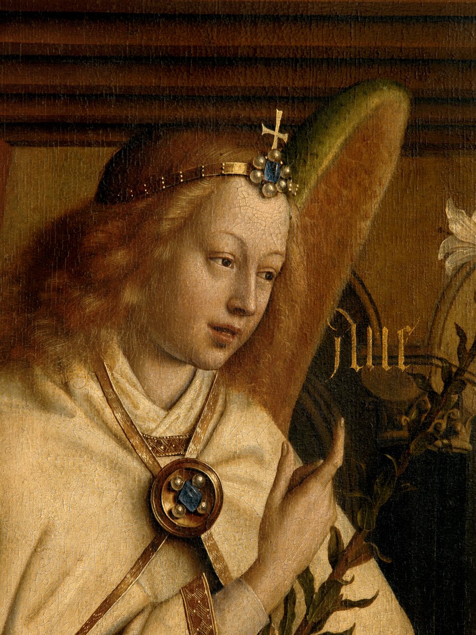 Detalhe de Angel Annunciate, do exterior da ala esquerda do Altar de Gand de Hubert & Jan van (1390 1441) Eyck