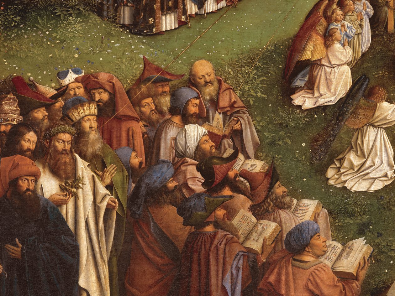 Detalhe da Adoração do Cordeiro Místico, a partir do painel central do Altar de Gand (óleo sobre painel) de Hubert & Jan van (1390 1441) Eyck