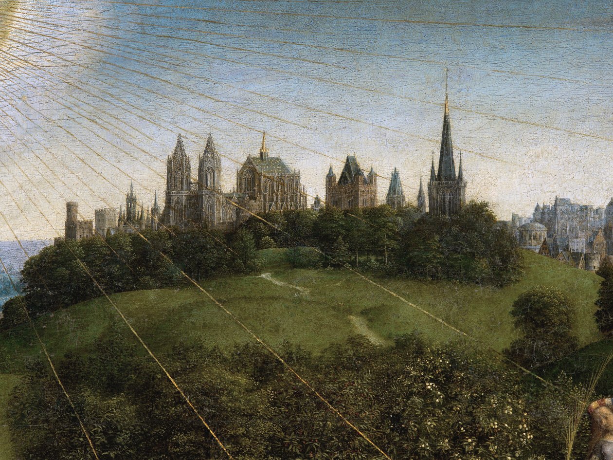 Detalhe da Adoração do Cordeiro Místico, a partir do painel central do Altar de Gand (óleo sobre painel) de Hubert & Jan van (1390 1441) Eyck
