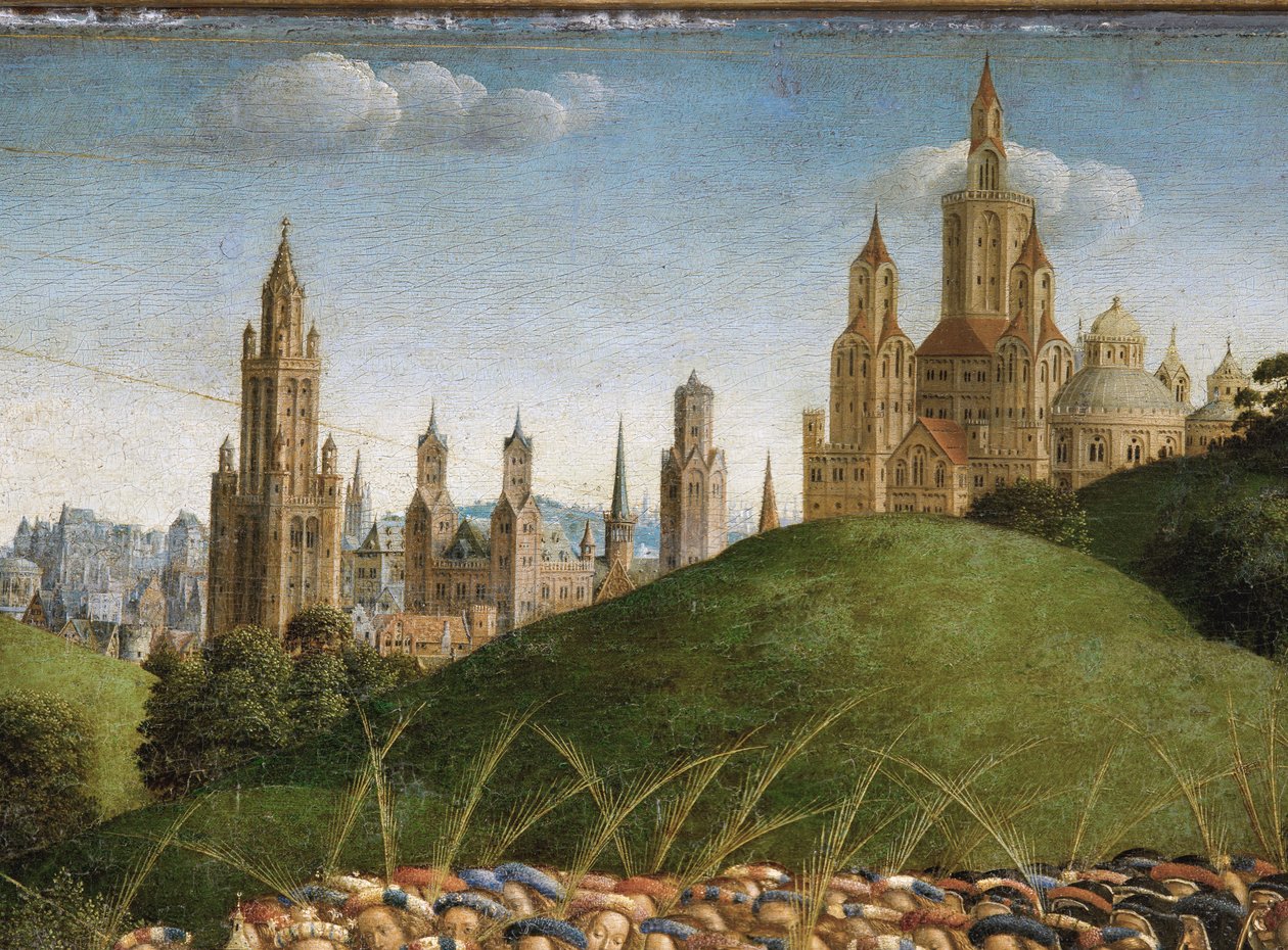 Detalhe da Adoração do Cordeiro Místico, a partir do painel central do Altar de Gand (óleo sobre painel) de Hubert & Jan van (1390 1441) Eyck