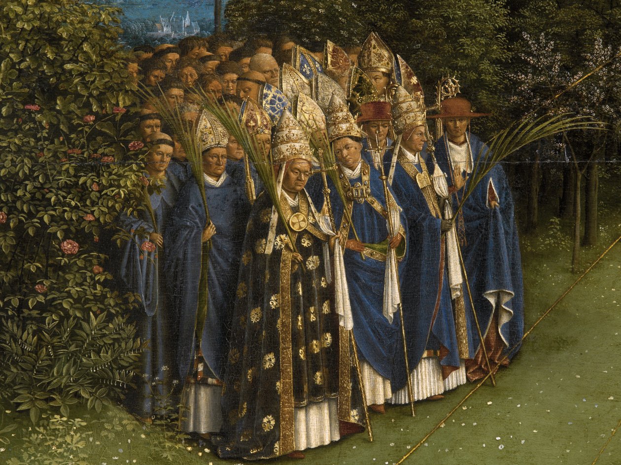 Detalhe da Adoração do Cordeiro Místico, a partir do painel central do Altar de Gand (óleo sobre painel) de Hubert & Jan van (1390 1441) Eyck