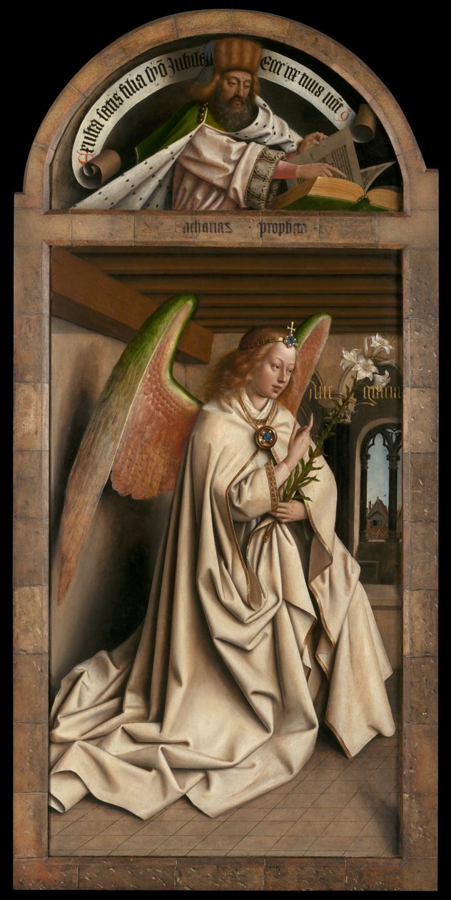Lunette: o profeta Zacarias. Painel inferior: Anjo Anuncite, do exterior da ala esquerda do Altar de Gand de Hubert & Jan van (1390 1441) Eyck
