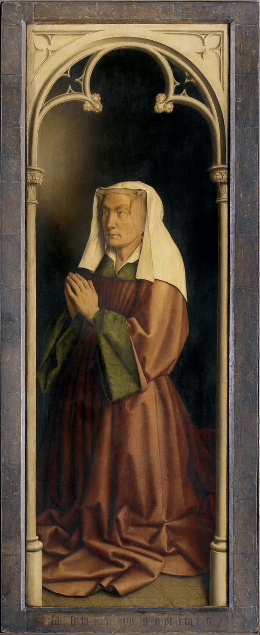 Lysbette Borluut, detalhe da peça de altar de Gand, fechada (óleo sobre painel) de Hubert & Jan van (1390 1441) Eyck