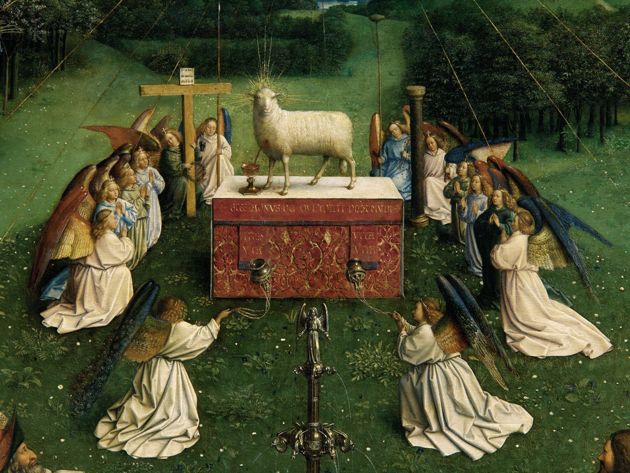 A Adoração do Cordeiro Místico, a partir do Altar de Gand, detalhe da metade inferior do painel central de Hubert & Jan van (1390 1441) Eyck