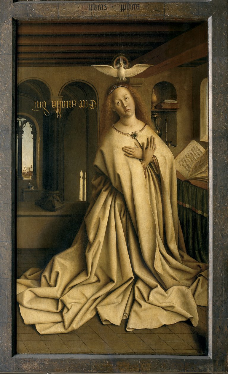 O Anjo Gabriel passa a Mensagem a Maria, detalhe do Altar de Gante, fechado (óleo sobre painel) de Hubert & Jan van (1390 1441) Eyck