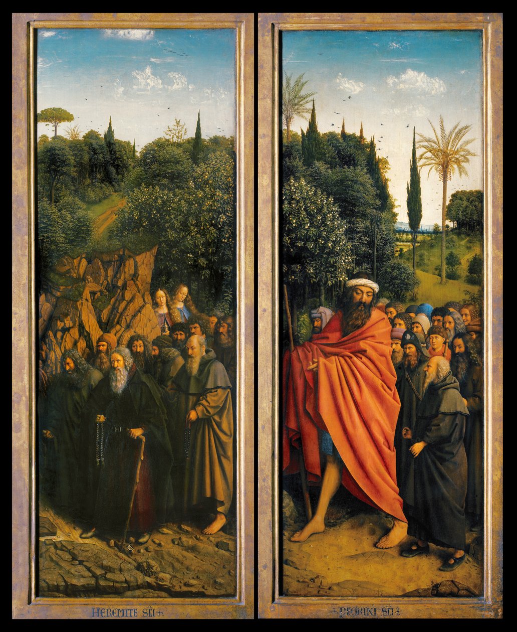 Os Eremitas e Os Peregrinos guiados por São Cristóvão do lado direito do Altar de Gand de Hubert & Jan van (1390 1441) Eyck