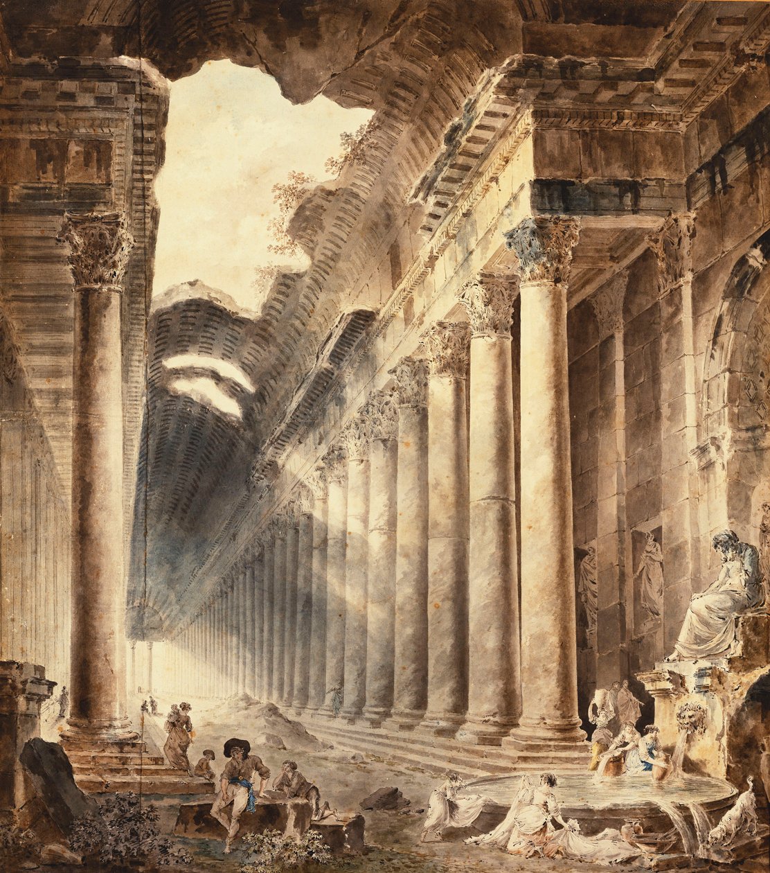 Um edifício térmico com colunas, o telhado parcialmente aberto para o céu, com meninas lavando roupas em uma fonte abaixo de uma estátua, de Hubert Robert