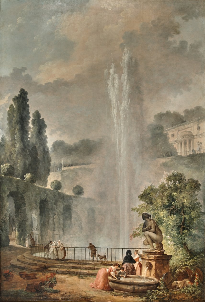 Paisagem de jardim com uma villa com vista para uma grande fonte de Hubert Robert