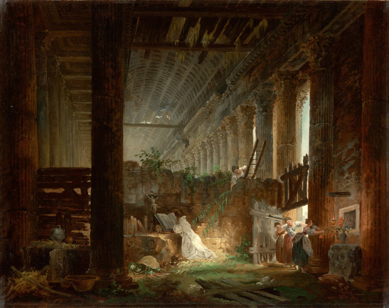 Um eremita orando nas ruínas de um templo romano, ca 1760 de Hubert Robert