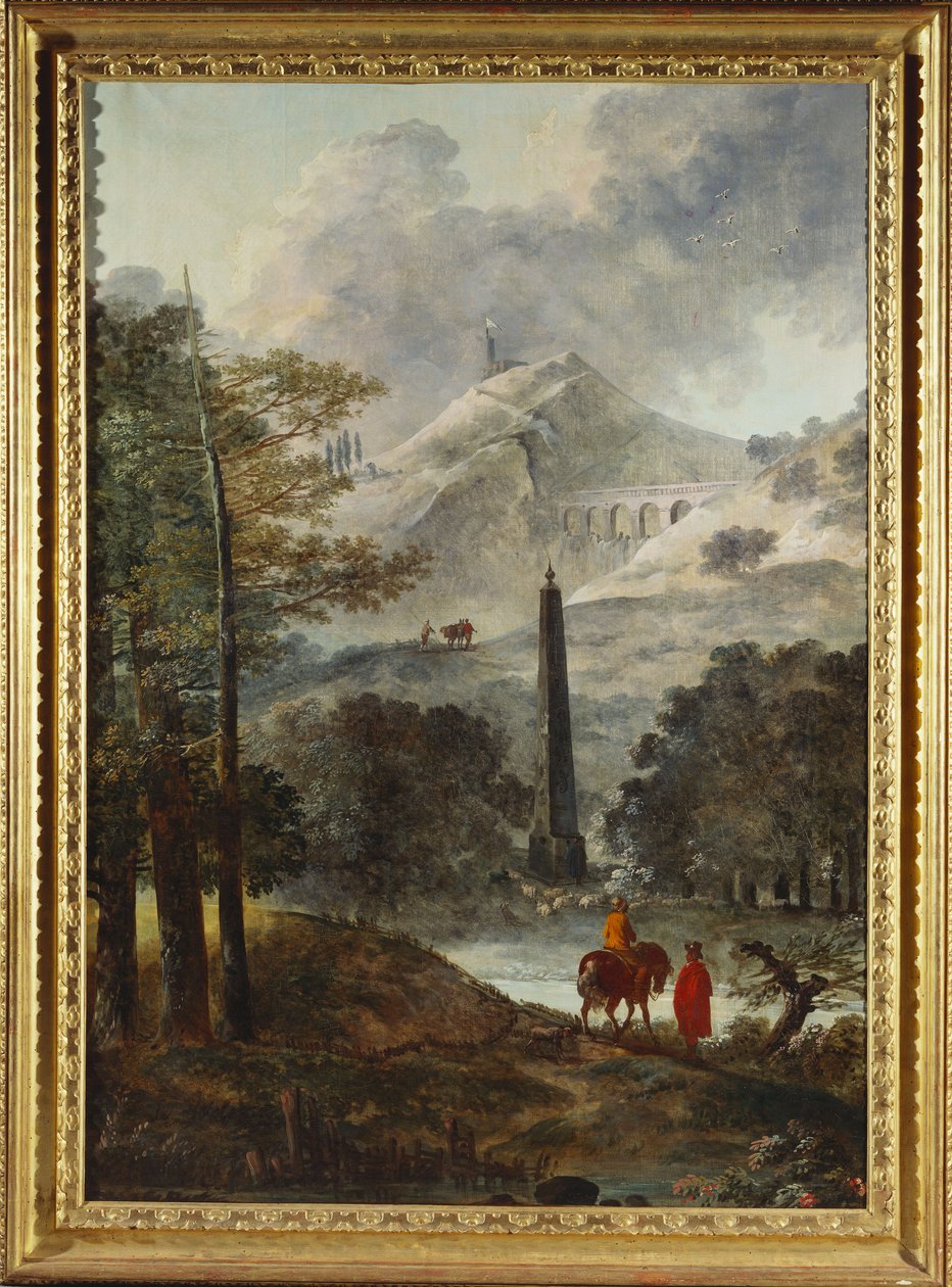 Uma paisagem montanhosa com um obelisco de Hubert Robert