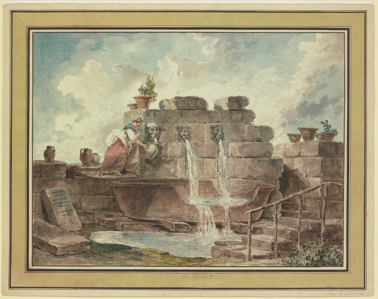 Uma fonte romana com uma mulher a recolher água de Hubert Robert
