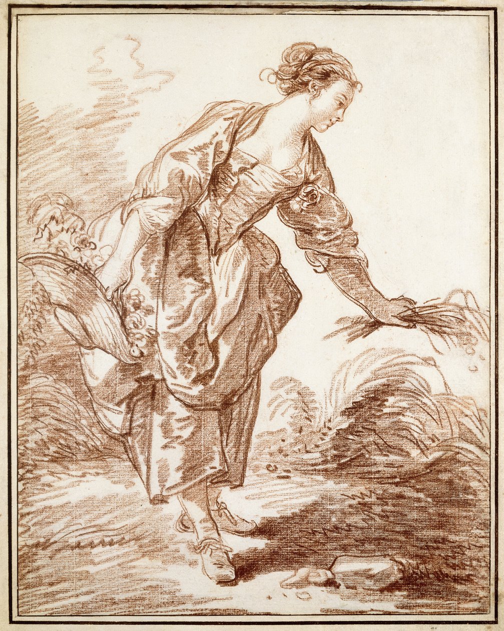 Uma pastora colhendo flores, de Hubert Robert