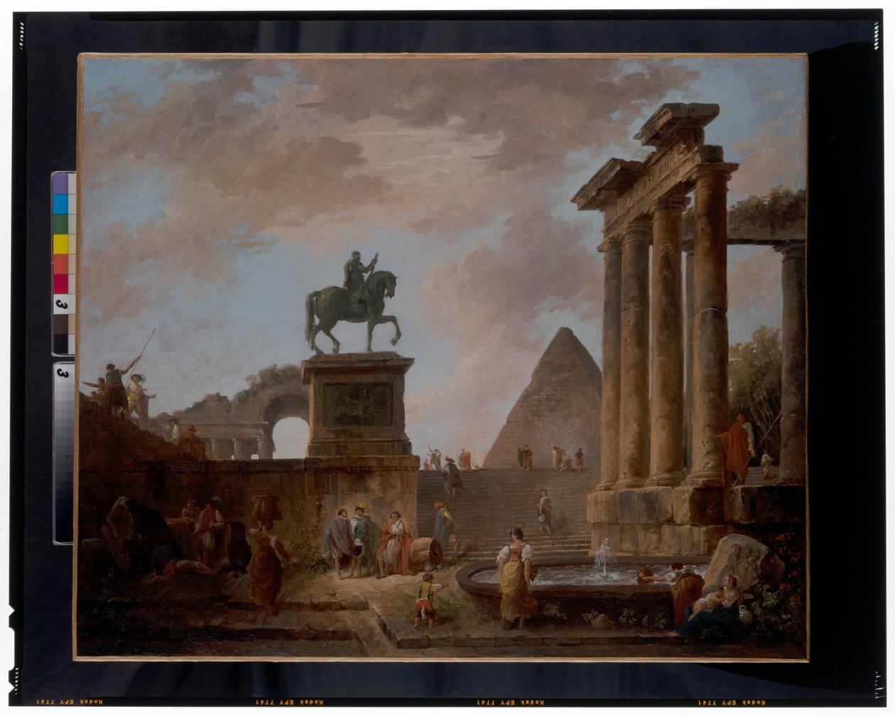 Um capricho com trovadores e lavadeiras junto a uma bacia entre ruínas romanas, com uma pirâmide mais além, c.1780 (óleo sobre tela) de Hubert Robert
