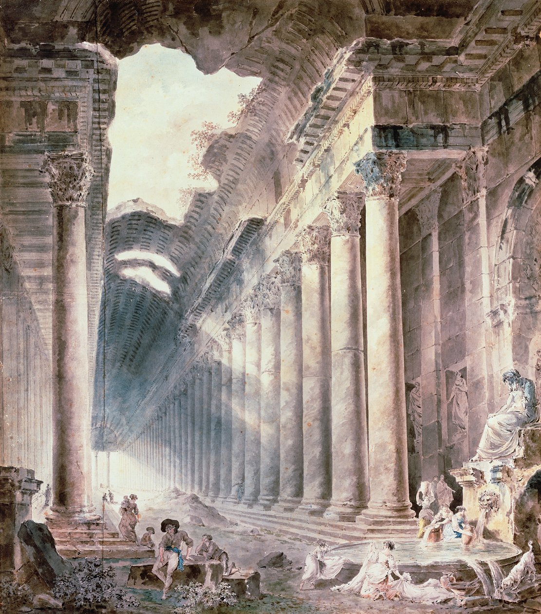 Um edifício termal com colunatas, o telhado parcialmente aberto para o céu, com meninas lavando roupas (aquarela, lápis, tinta) de Hubert Robert