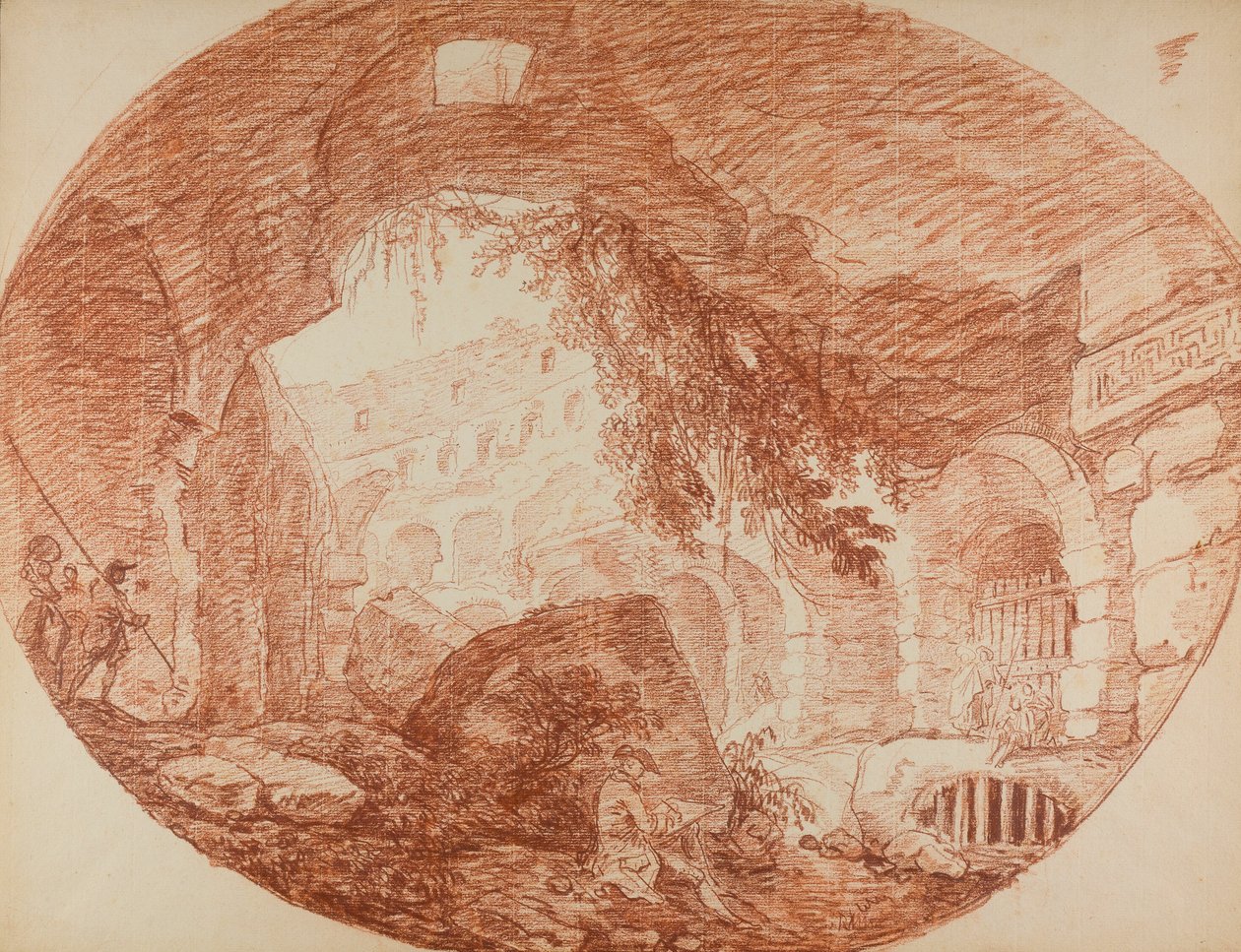 Um artista sentado nas ruínas do Coliseu de Hubert Robert