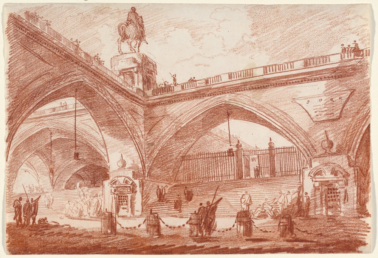 Fantasia arquitetônica com uma ponte triunfal de Hubert Robert