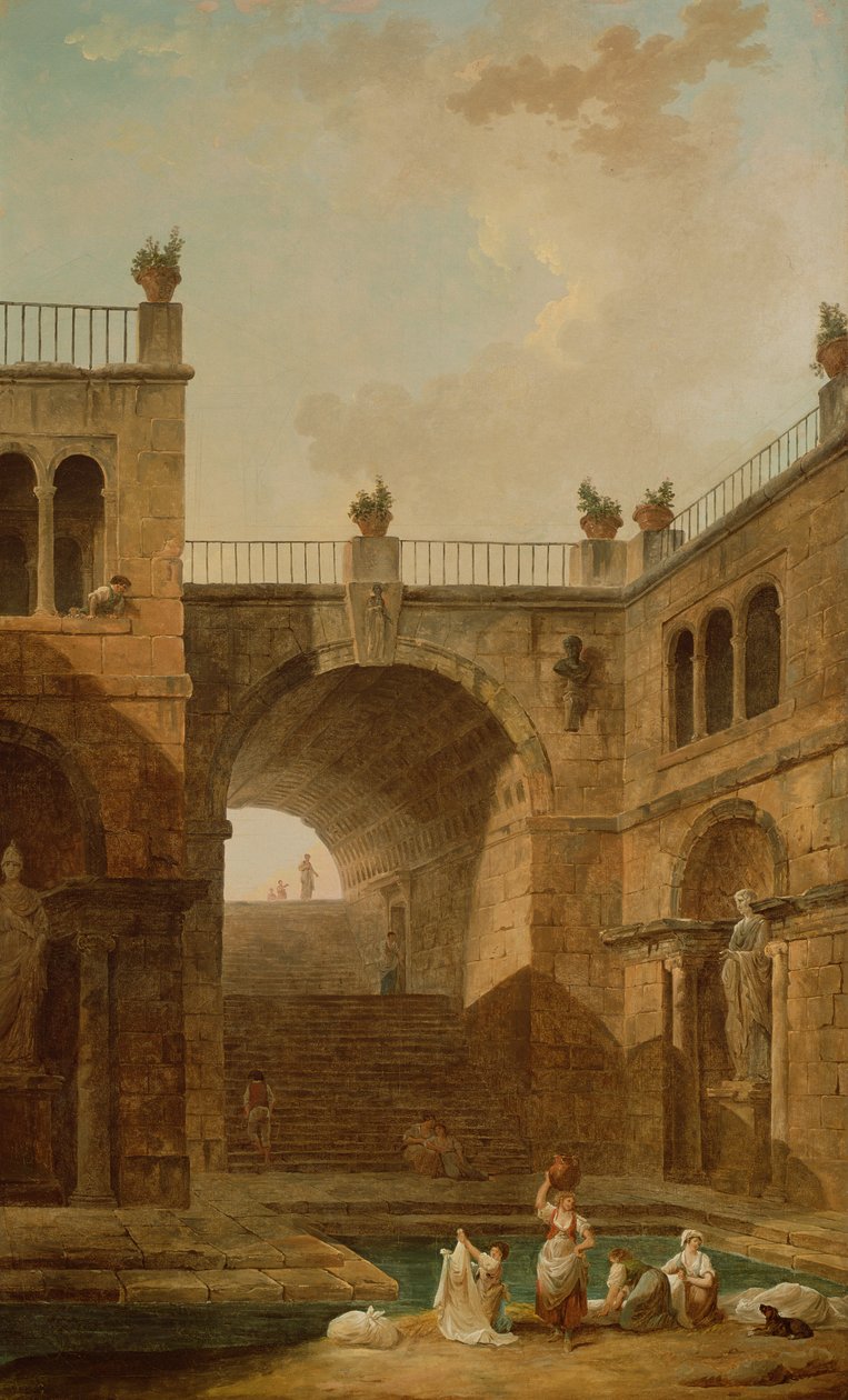 Cena Arquitectónica com Roupa de Lavar Roupa de Mulher numa Piscina de Hubert Robert