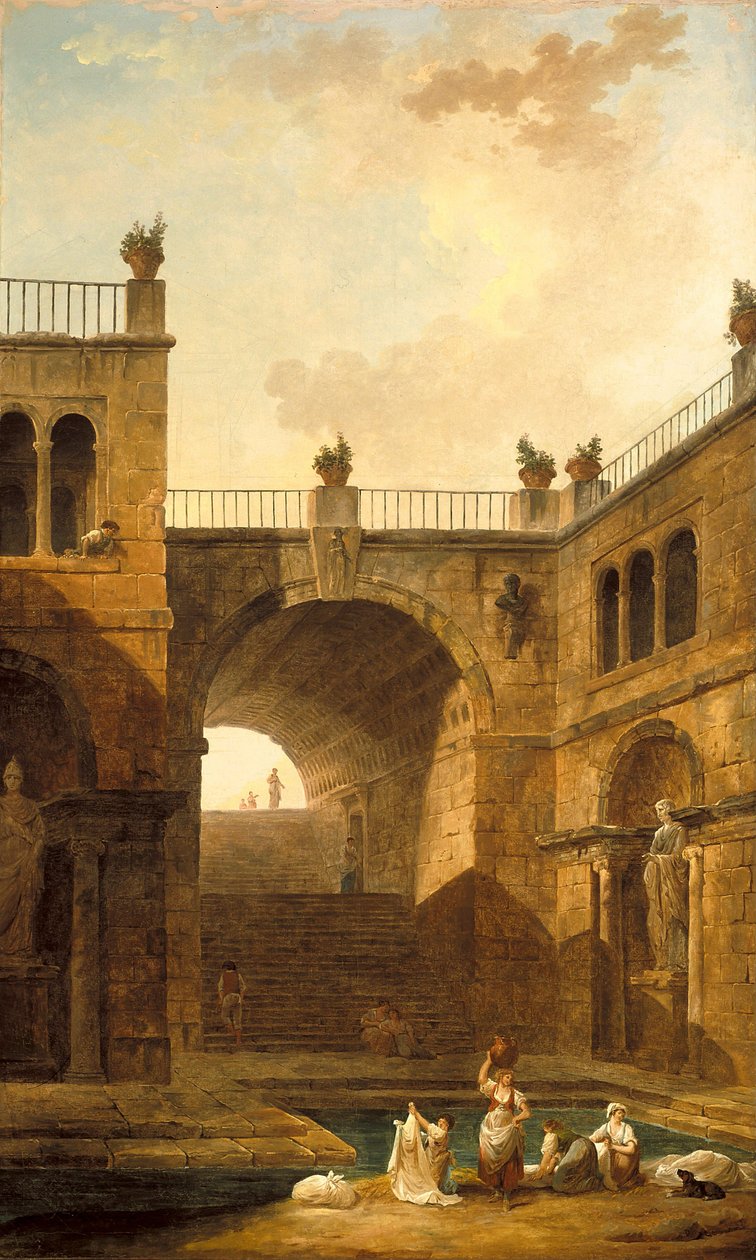 Cena arquitectónica com mulheres a lavar roupa junto a um tanque de Hubert Robert
