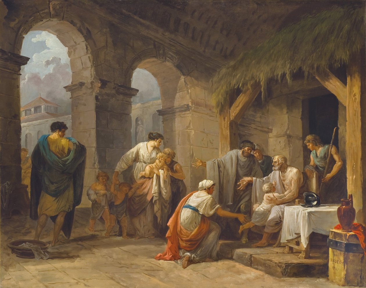 Belisaire recebendo a hospitalidade de um fazendeiro que trabalhou sob suas ordens, 1787 de Hubert Robert