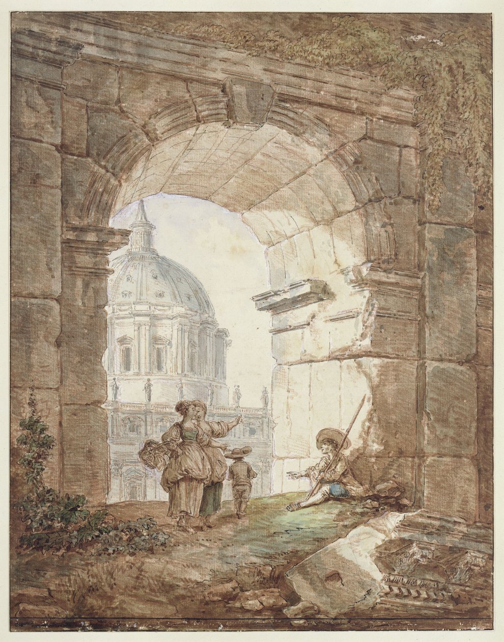 Vista da Basílica de São Pedro, em Roma (Capricho arquitetónico) de Hubert Robert