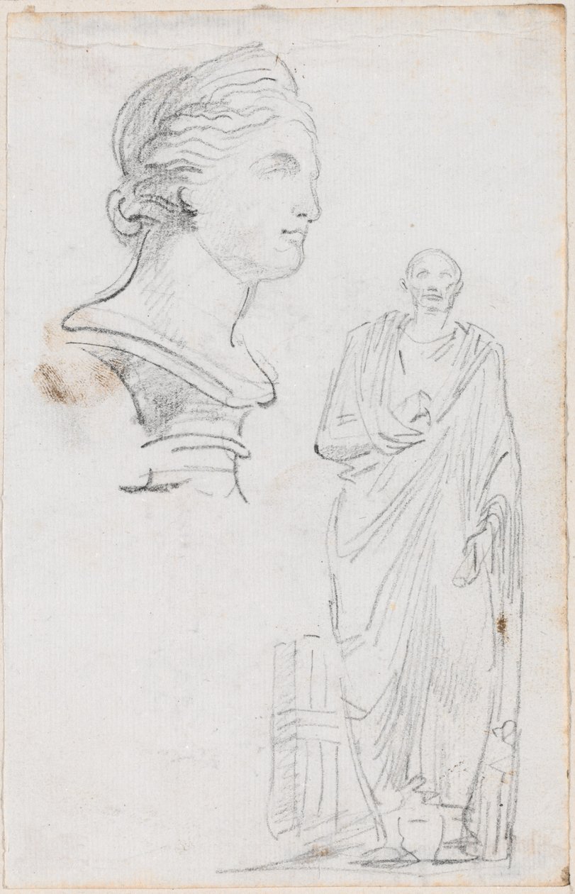 Busto de uma mulher romana e estátua de um homem romano de Hubert Robert