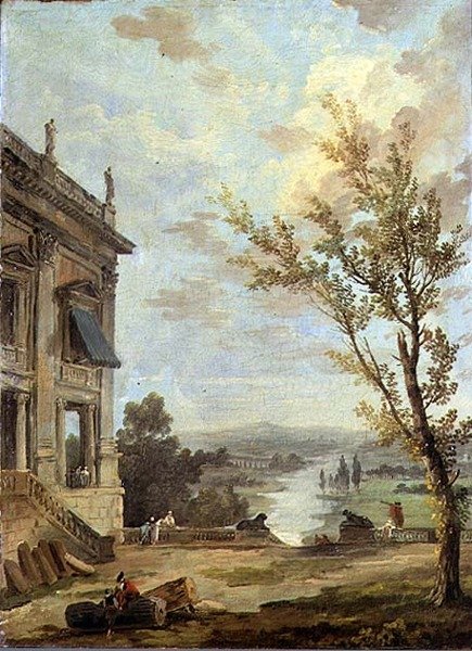 Capriccio Italianate paisagem com o Palazzo Nuovo Capitolino e gente gentil em um terraço, um rio além de Hubert Robert