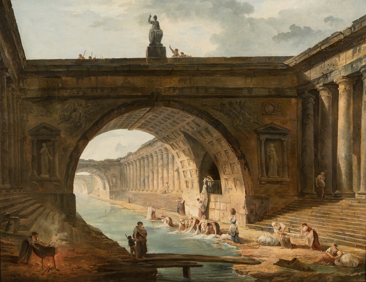 Capriccio com lavadeiras junto a um canal de Hubert Robert