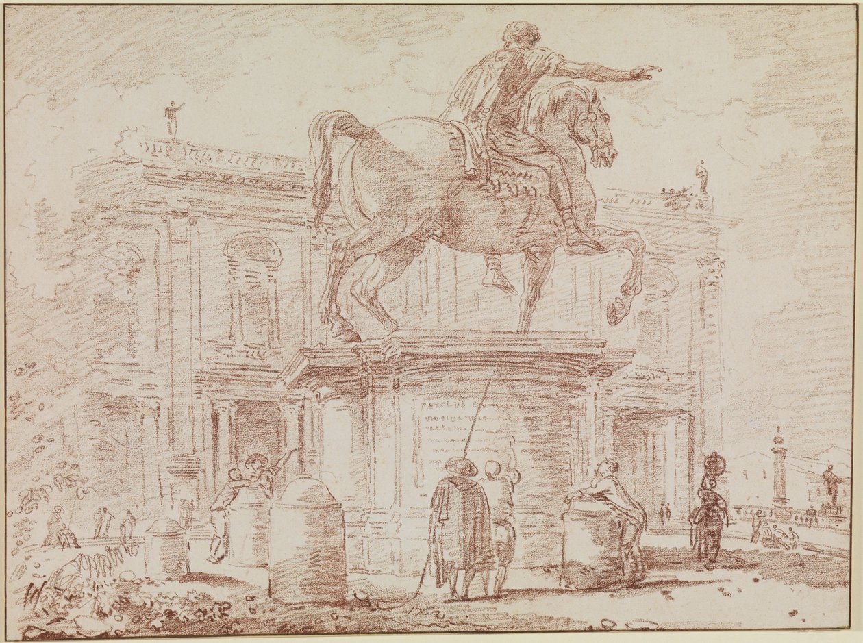 A estátua equestre de Marco Aurélio e o Palácio dos Conservadores em Roma de Hubert Robert
