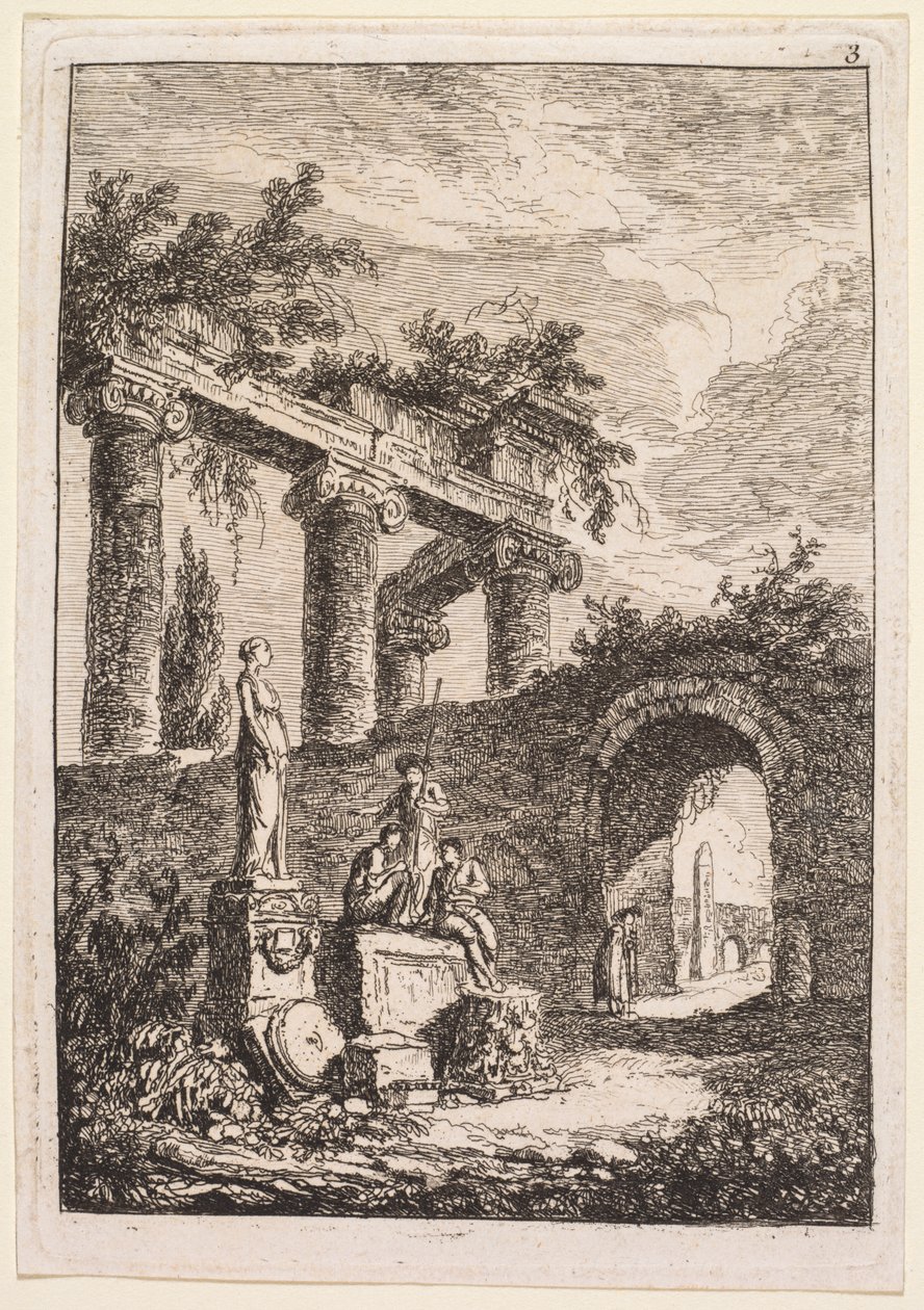 Noites em Roma: a estátua em frente às ruínas, 1763-1764. de Hubert Robert