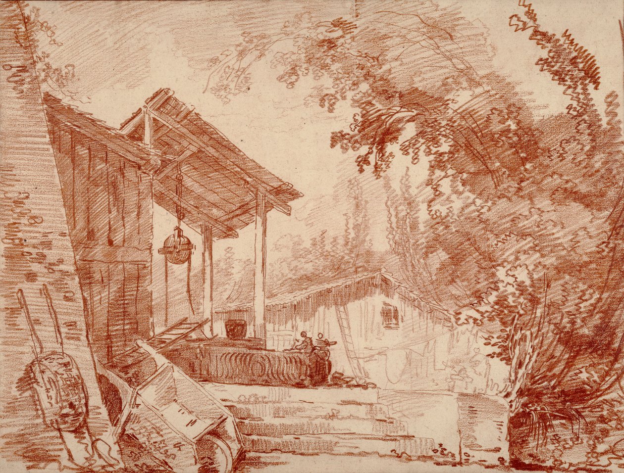 Pátio de quinta com duas figuras junto a um poço e um grande carrinho de mão em primeiro plano de Hubert Robert