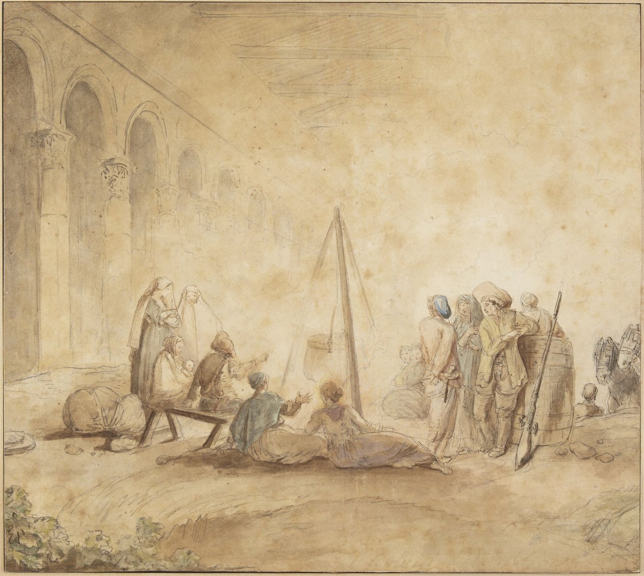 Figuras em volta de um fogo de Hubert Robert