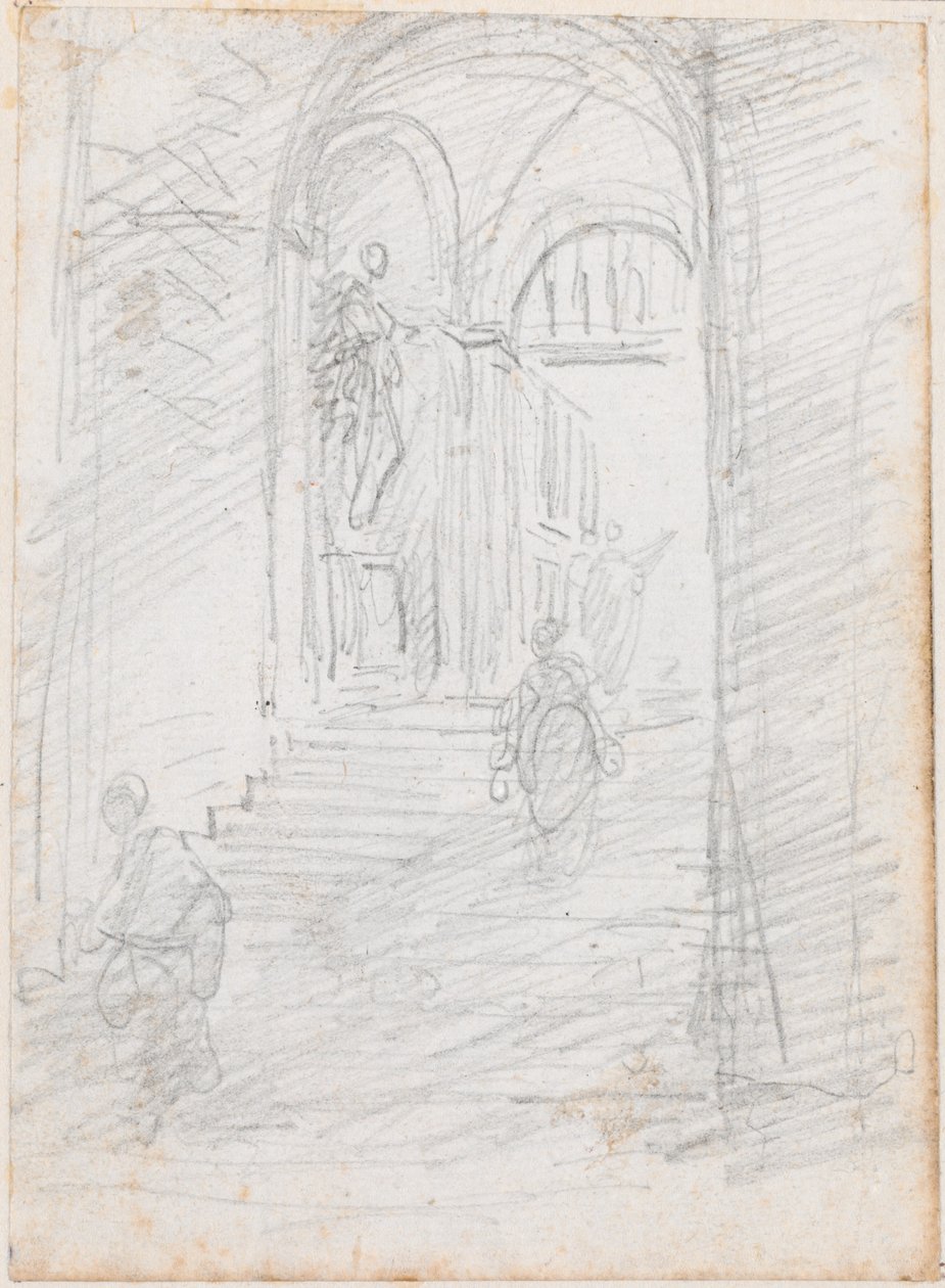 Figuras em uma escadaria interior monumental [reto] de Hubert Robert