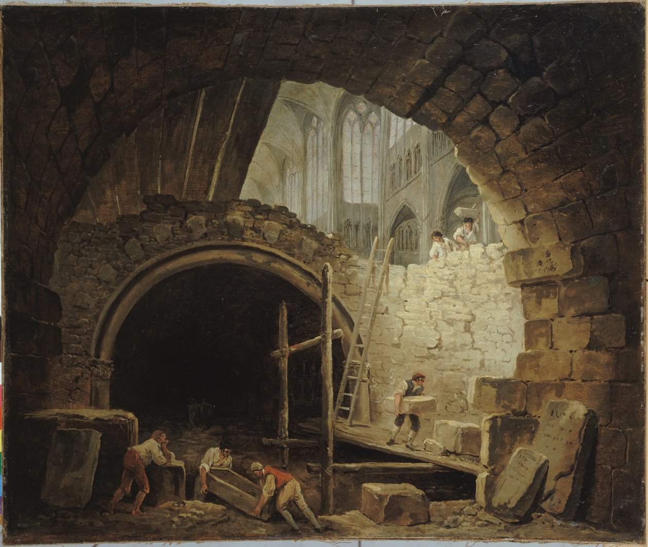 Francês: La Violation des caveaux des rois dans la basilique de Saint-Denis, en octobre 1793 Pilhagem de túmulos reais na Basílica de Saint-Denis, outubro de 1793 de Hubert Robert