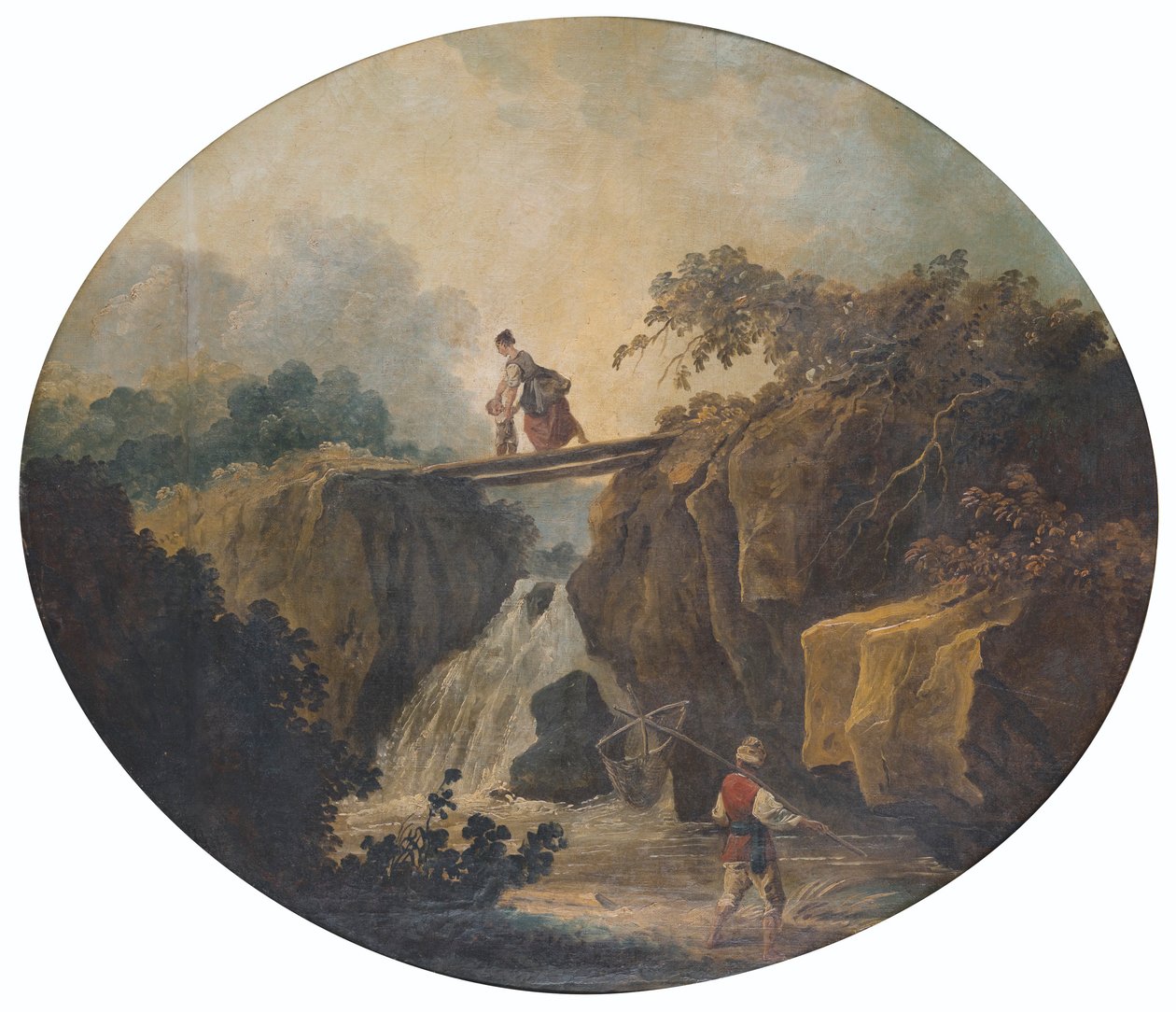 Francês: Paisagem de uma cascata com uma ponte de Hubert Robert