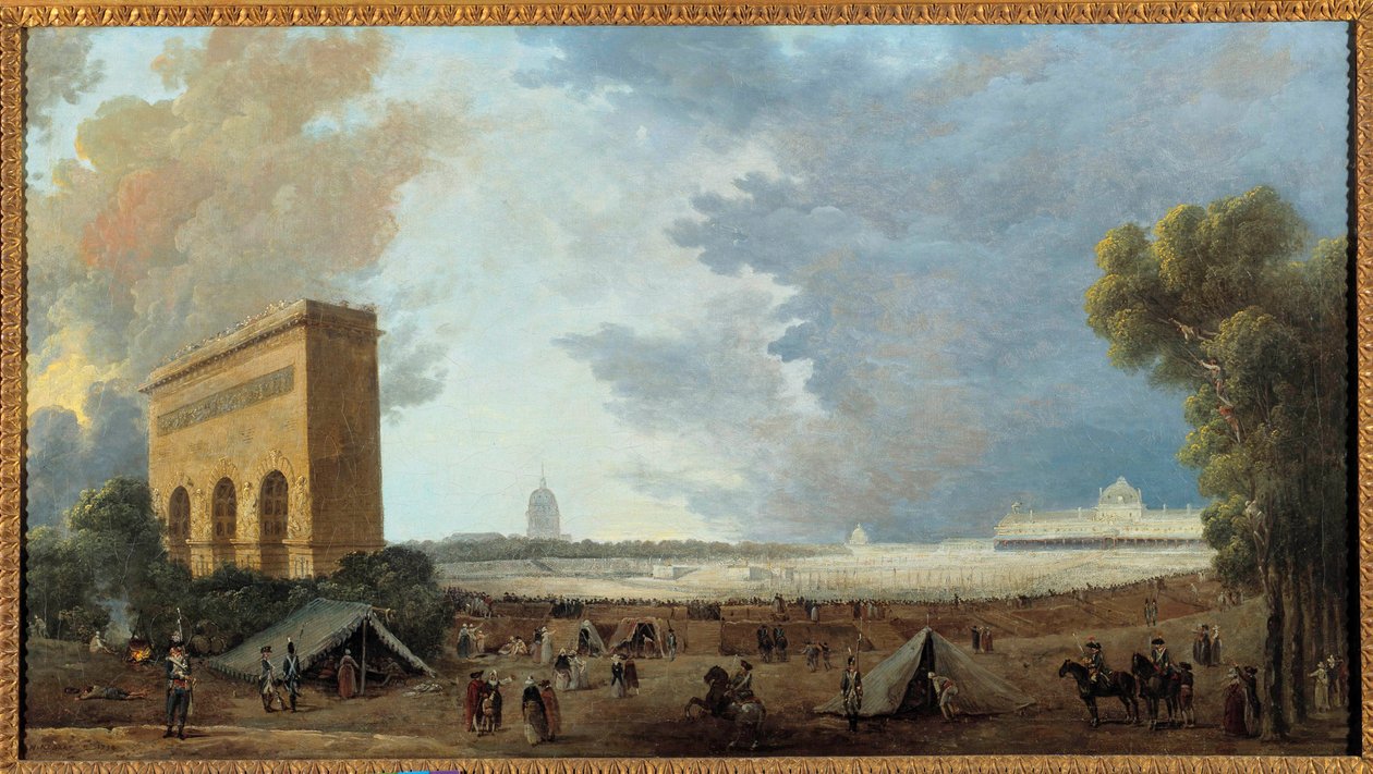 Revolução Francesa: "Fete de la Federation Nationale celebree au Champ de mars à Paris le 14 juillet 1790" Pintura de Hubert Robert (1733-1808). 1790 Sol. 0,52x0,96 m de Hubert Robert