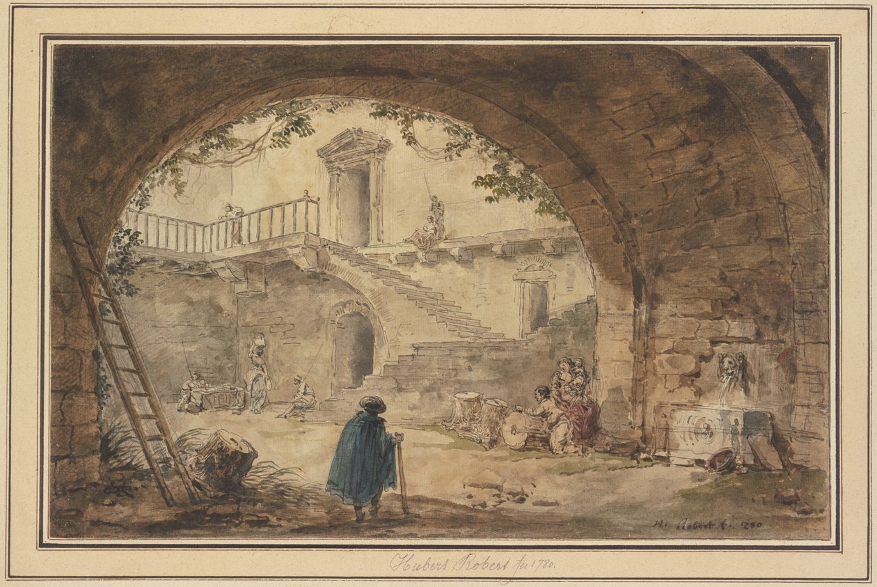 Abóbada com uma fonte antiga e vista para uma escadaria de Hubert Robert