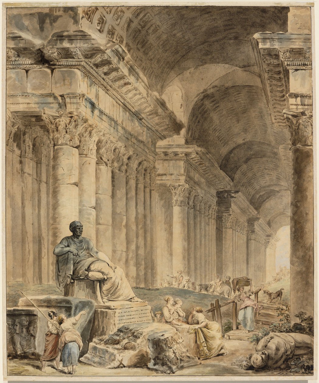 Galeria de colunas abobadada com estátua sentada de estilo clássico de Hubert Robert