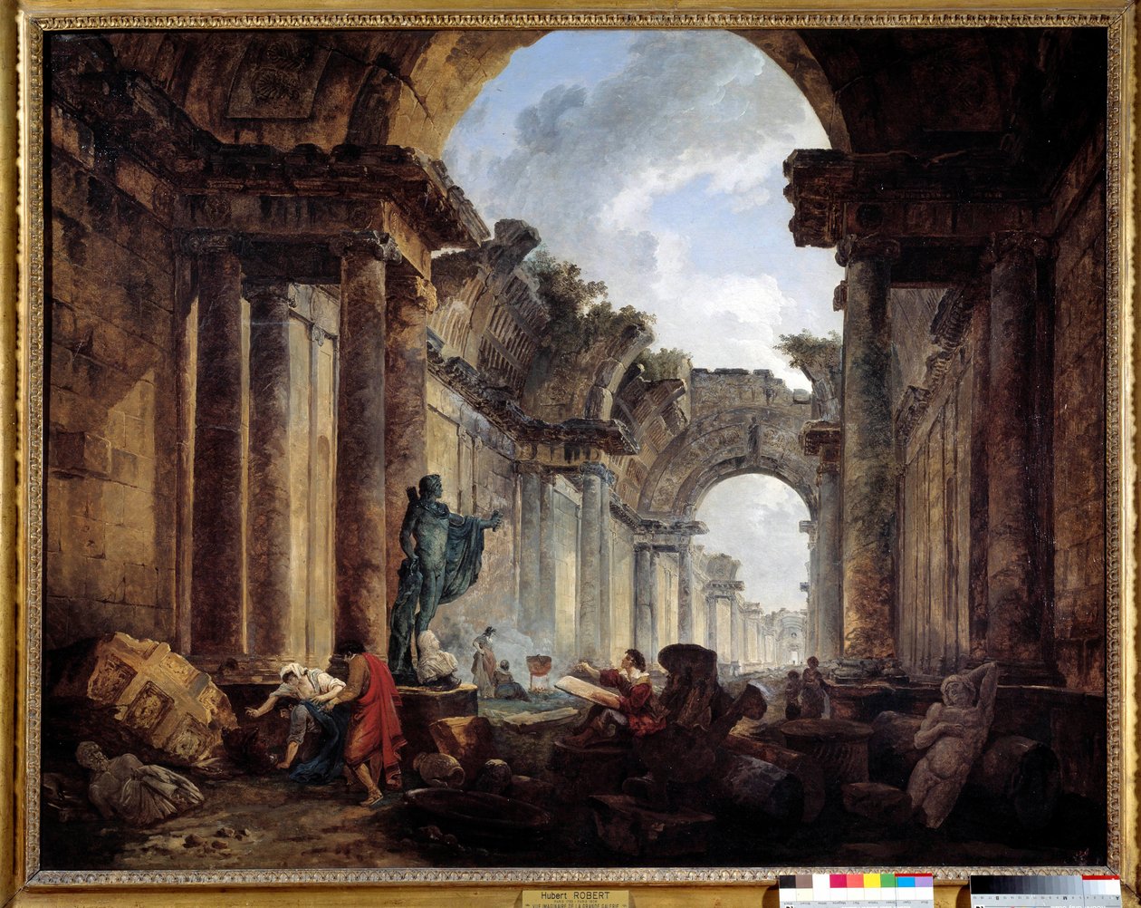 Vista Imaginária da Grande Galeria do Louvre em Ruínas Pintura por Hubert Robert (1733-1808) Sol. 1,14x1,46 m. de Hubert Robert