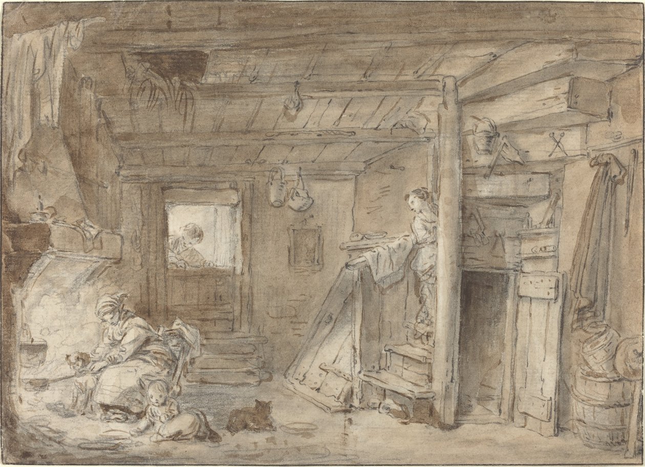 Interior de uma casa de fazenda com figuras de Hubert Robert