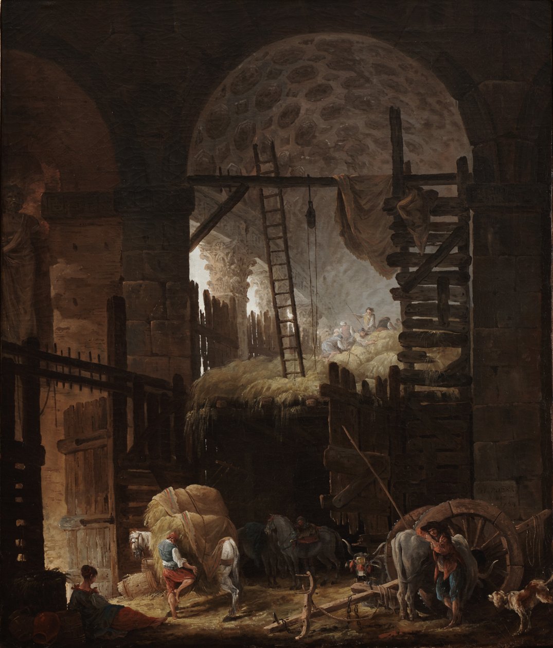 Interior da Villa Giulia com ceifeiros de feno de Hubert Robert