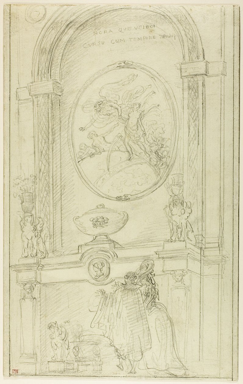 Interior com um casal diante de uma chaminé de Hubert Robert