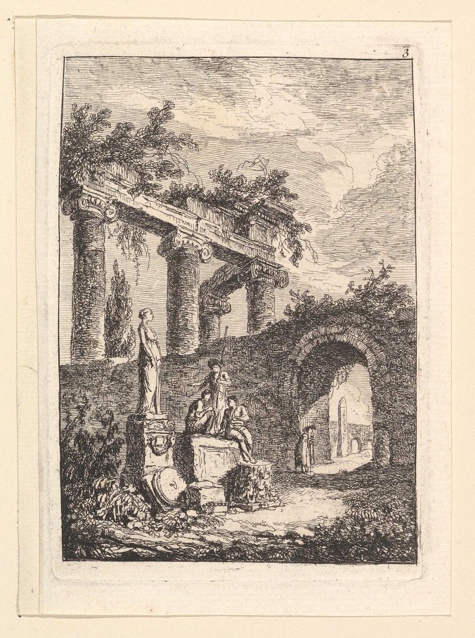 A estátua em frente às ruínas. de Hubert Robert