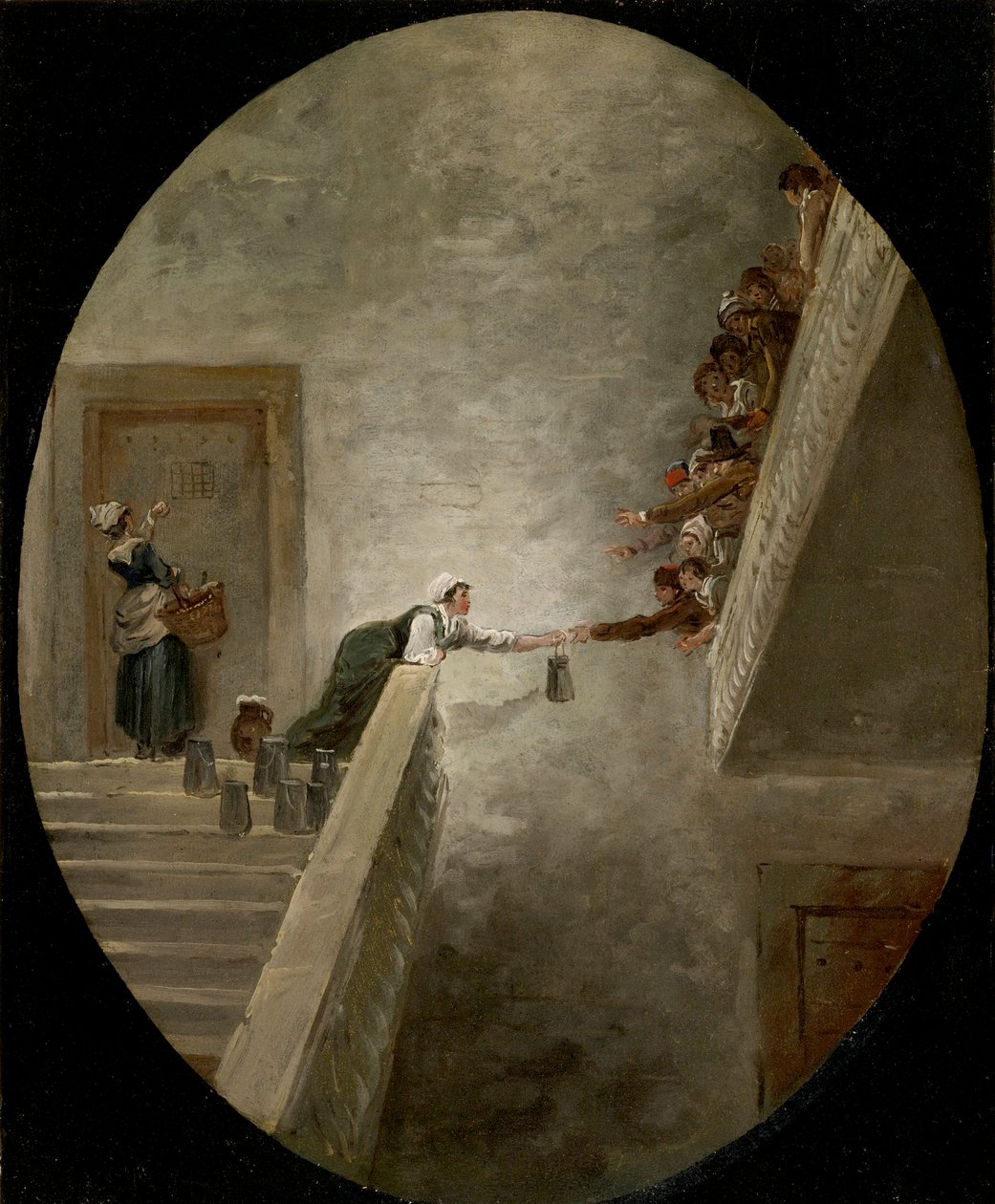La distribution du lait a la prison Saint Lazare - A distribuição de leite na prisão de Saint-Lazare por Robert, Hubert (1733-1808), ca 1794 - Óleo sobre papel, 36,8x30,2 - Coleção Privada de Hubert Robert