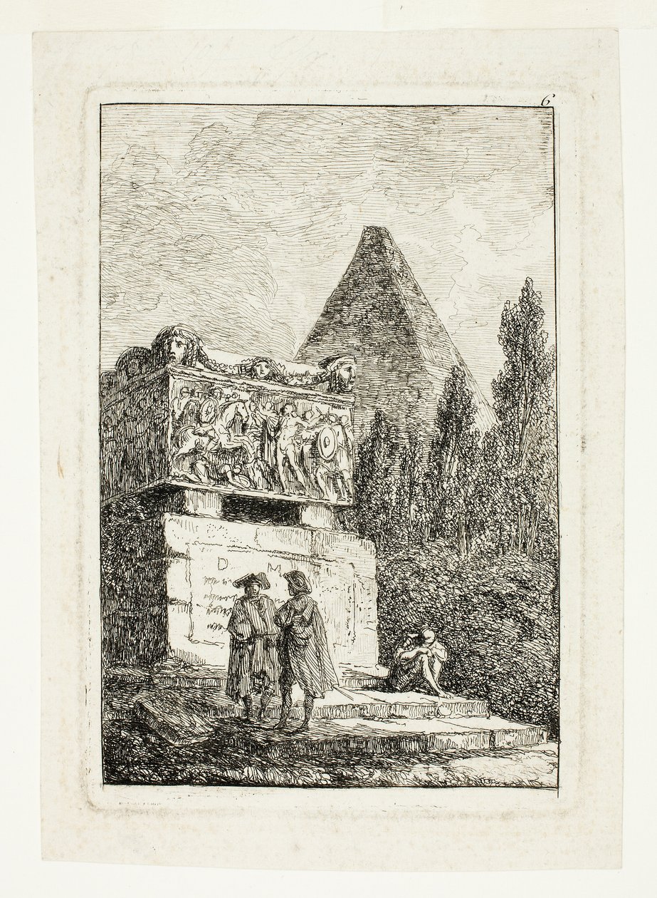 Paisagem com pirâmide e sarcófago, placa seis de Les Soirées de Rome de Hubert Robert