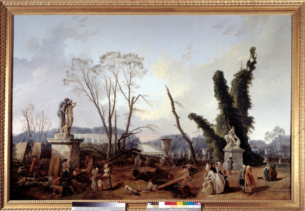 Le Carpet Vert na época do corte de árvores no inverno de 1774-1775 nos jardins de Versalhes (em primeiro plano, Rei Luís XVI e Rainha Maria Antonieta). O tapete verde também é chamado de aleia real. Pintura de Hubert Robert (1733-1808 de Hubert Robert