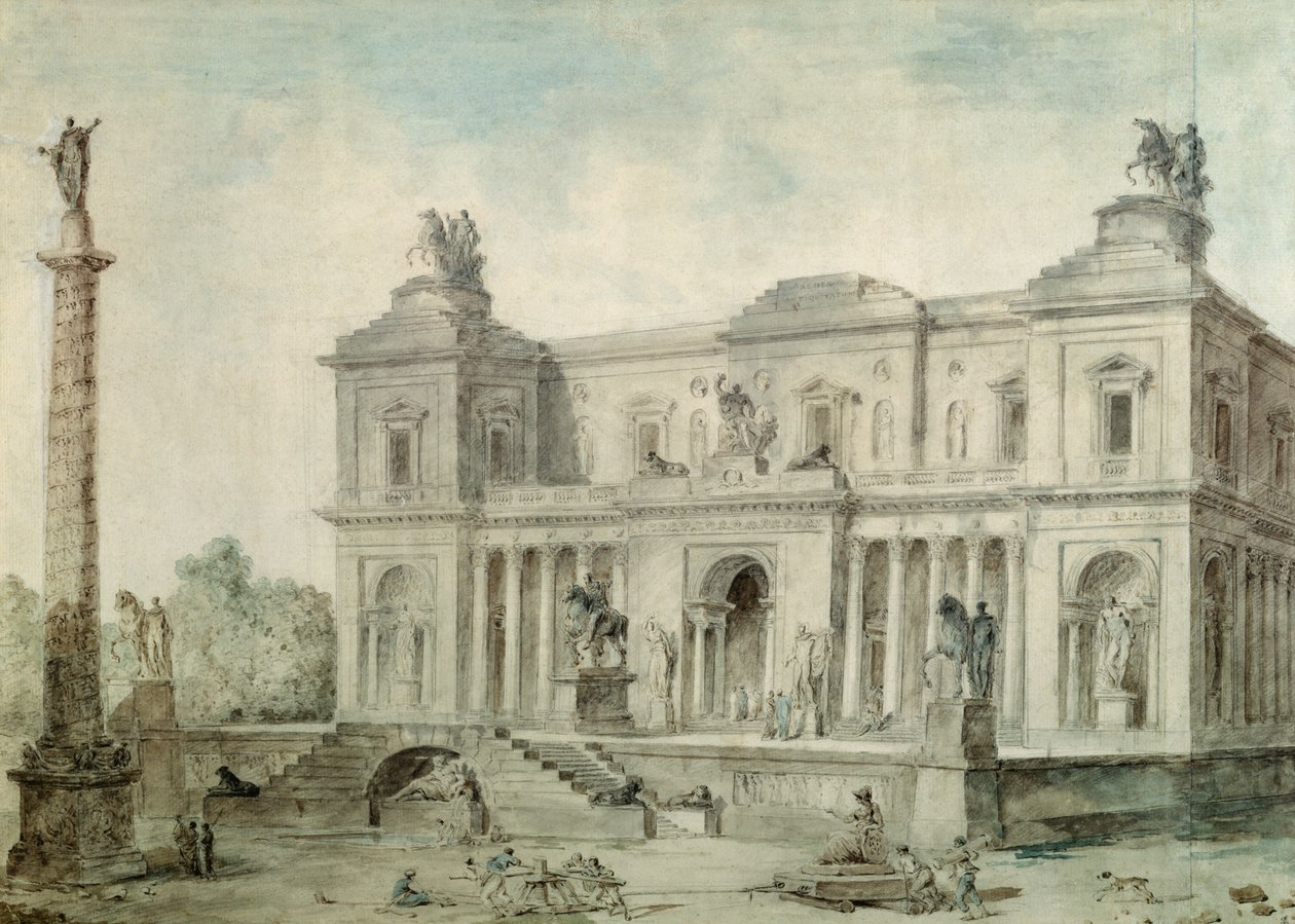 Le Musée des Antiques, c.1800 (giz, caneta e tinta e wc no papel) de Hubert Robert