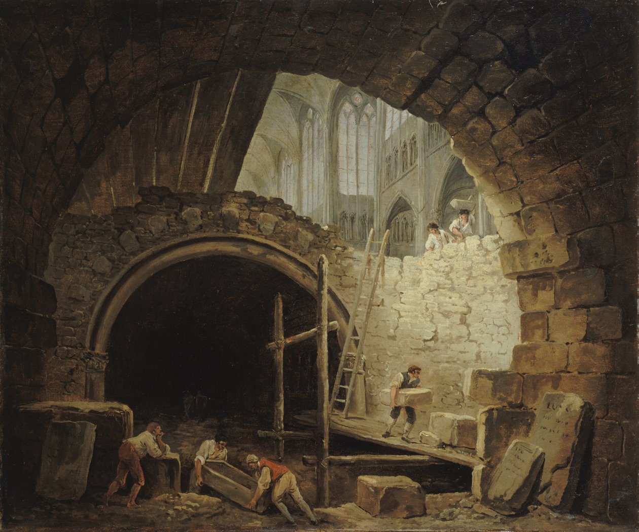 Saque de túmulos reais na Basílica de Saint-Denis, outubro de 1793, c. 1793. de Hubert Robert