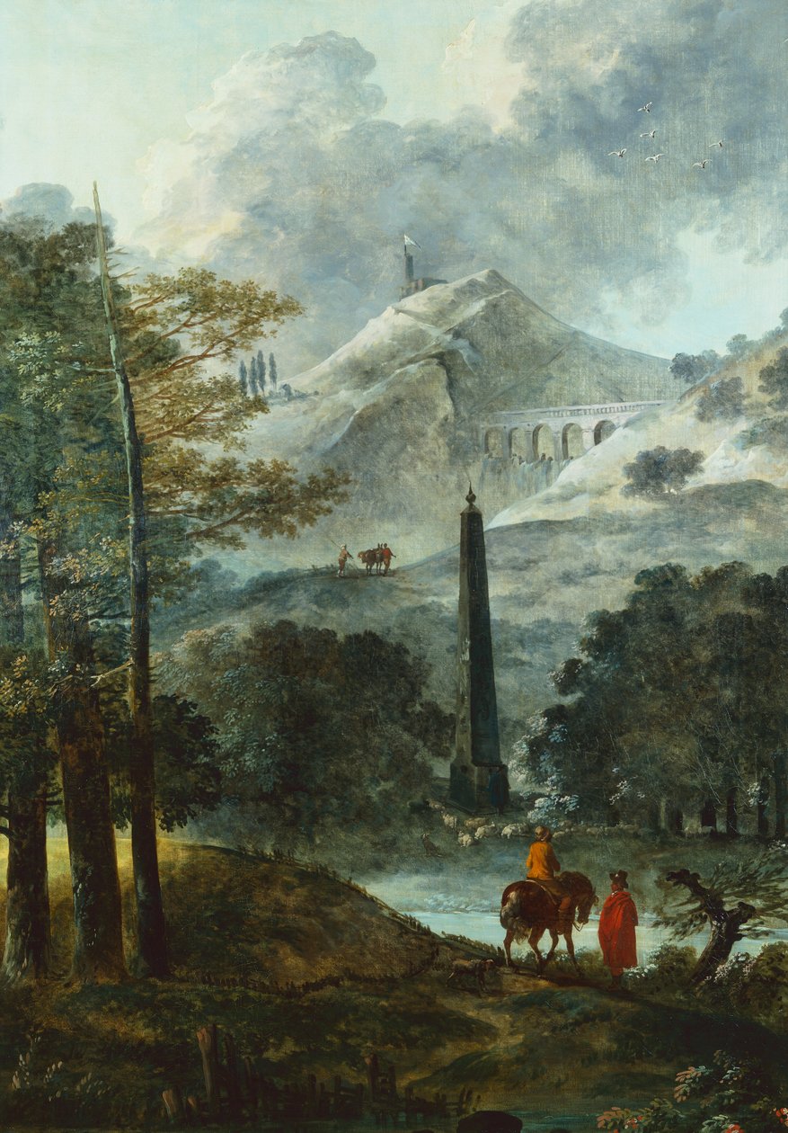 Paisagem montanhosa com obelisco (óleo sobre tela) de Hubert Robert