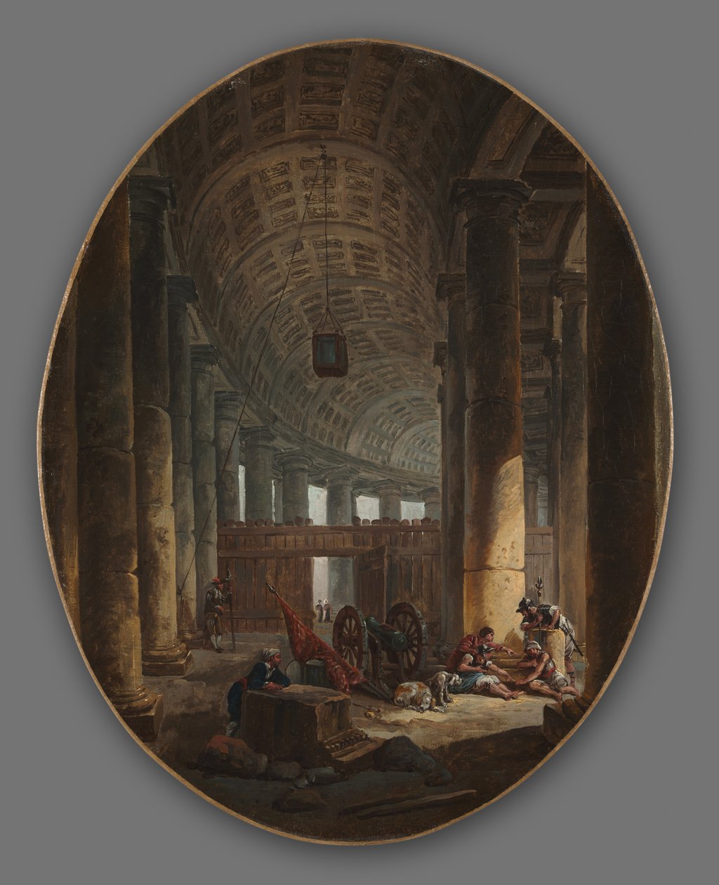 Par de Pinturas: A Colunata de São Pedro, Roma, durante o Conclave e A Gruta..., c.1769 de Hubert Robert